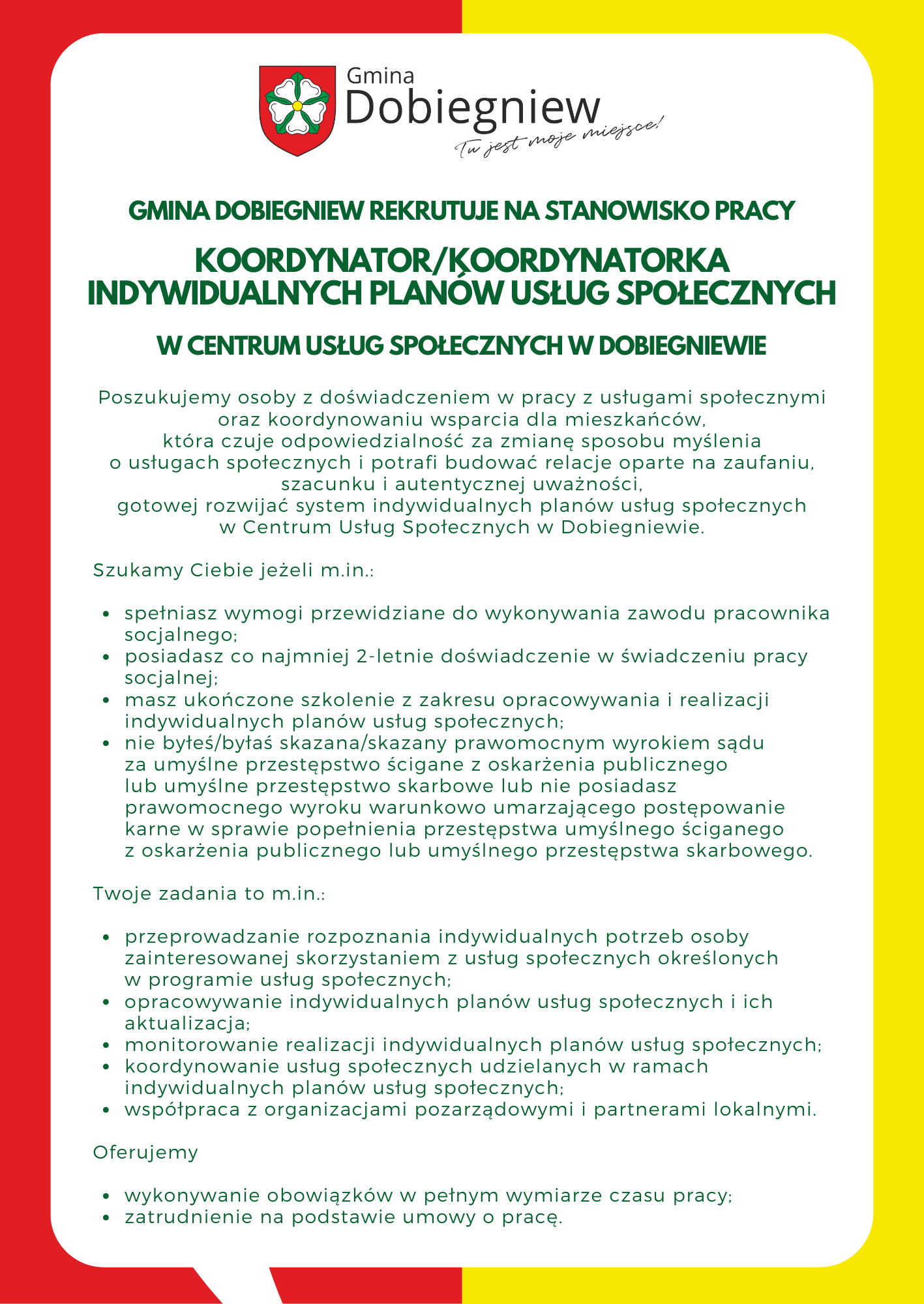 Koordynator/koordynatorka indywidualnych plan&oacute;w usług społecznych w&nbsp;Centrum Usług Społecznych w&nbsp;Dobiegniewie