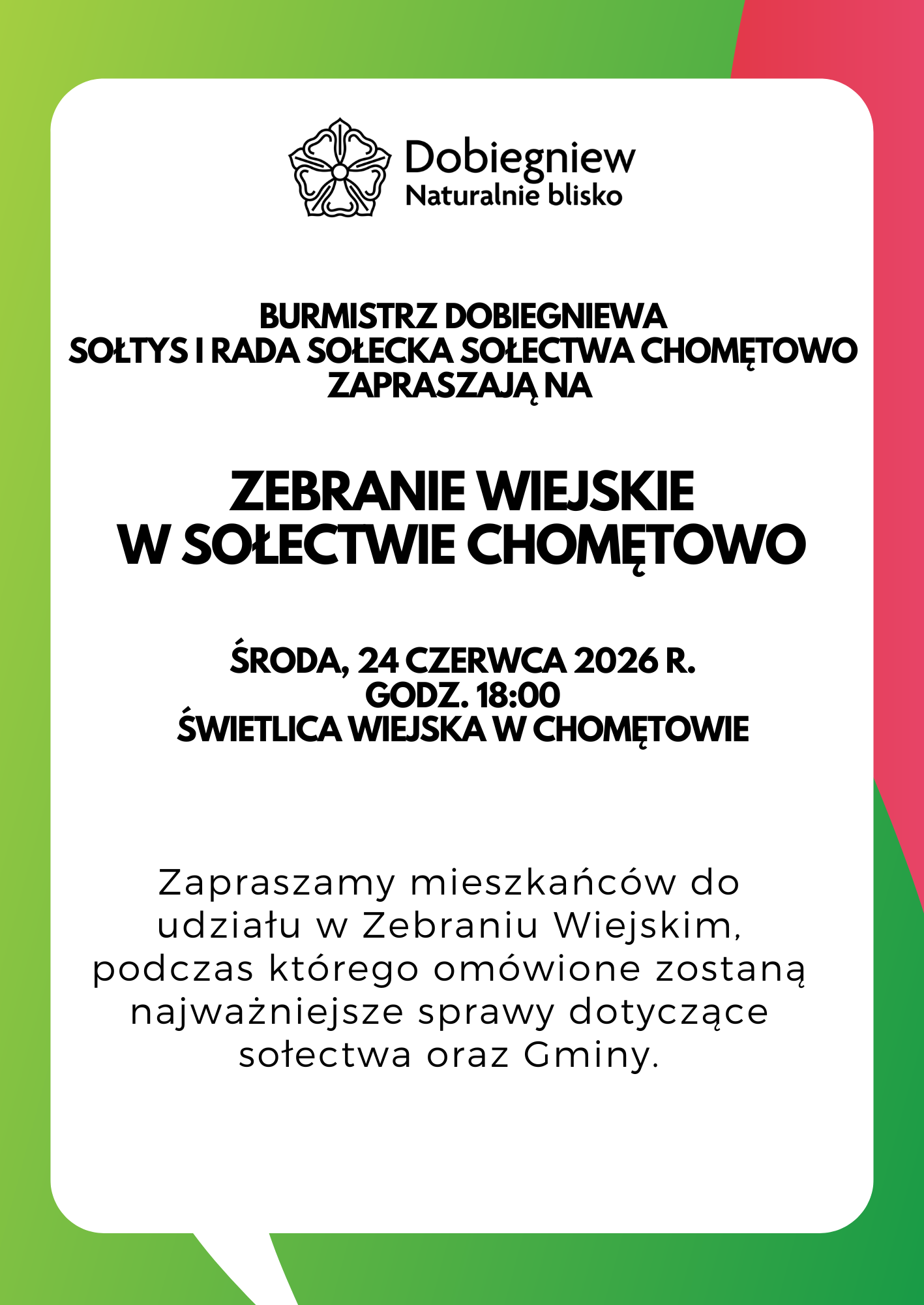Spotkanie Burmistrza Dobiegniewa Bartosza Jabłońskiego z&nbsp;mieszkańcami Sołectwa Chomętowo.