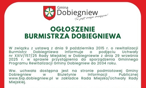 Zdjęcie do Informacja Burmistrza Dobiegniewa o podjęciu uchwały o przystąpieniu do sporządzenia GPR